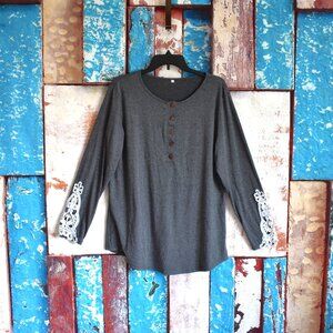 Women's Unbranded Top Long Sleeve Henley Crochet Cuffs XLARGE Gray